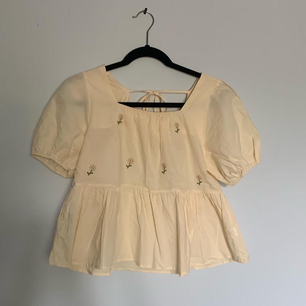 Yellow Puff Sleeve Blouse with Floral Embroidery